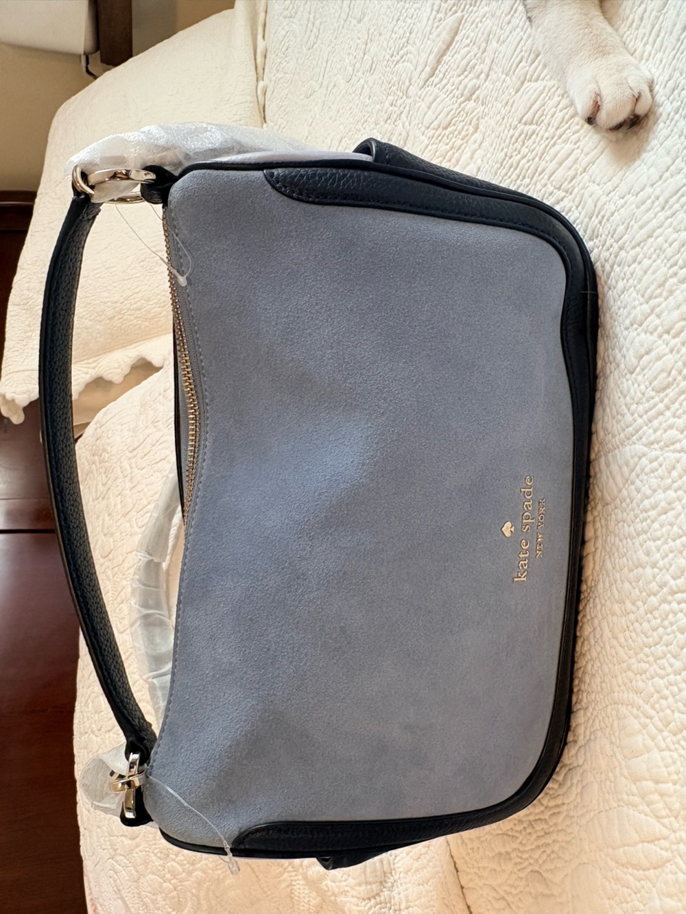 kate spade Powder Blue Suede Messenger Bag with Black Trim